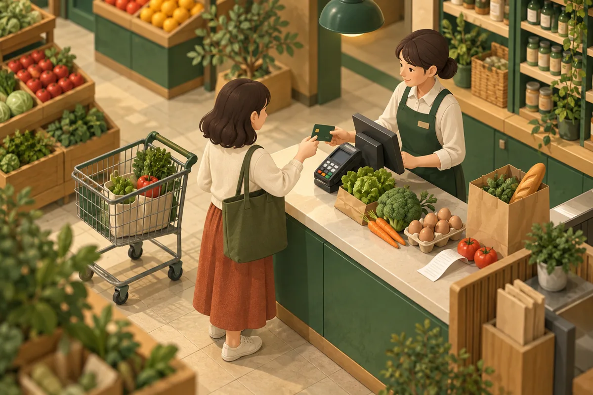 食品の会計で実物のカードを提示する買い物客。記事内容をもとにしたイメージであり、現地の記録ではありません。