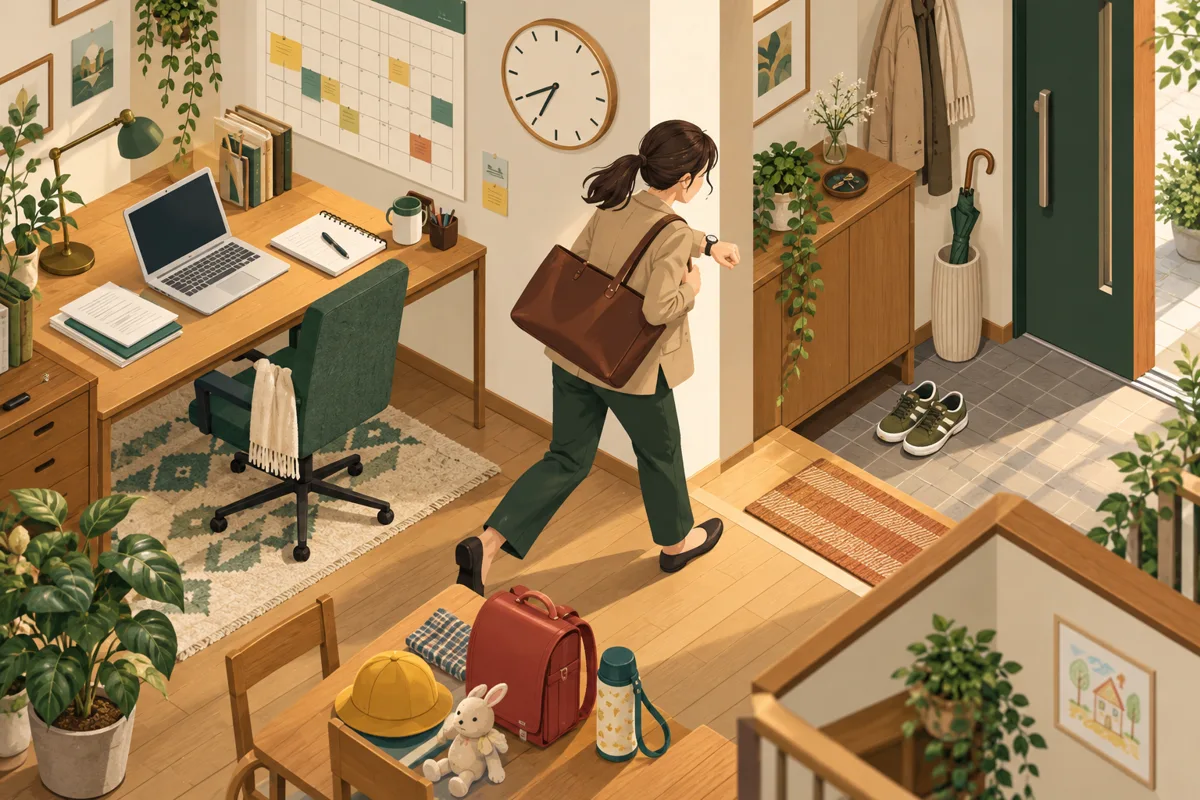 仕事机から運動靴のある玄関へ向かう子育て世代の人。記事内容をもとにしたイメージであり、現地の記録ではありません。
