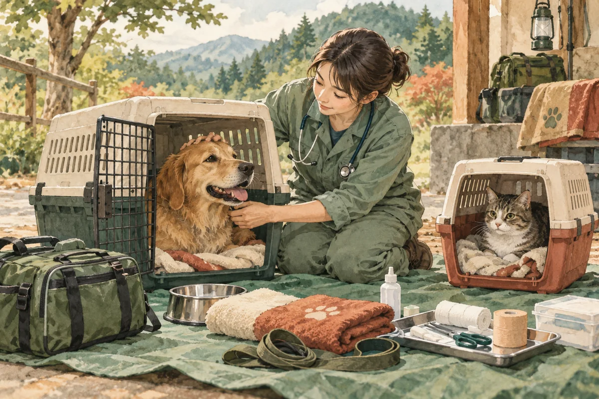 獣医師が犬のクレートと猫のキャリーのそばで備品を確認。記事の内容を理解するために作った情景で、実際の取材写真ではない。