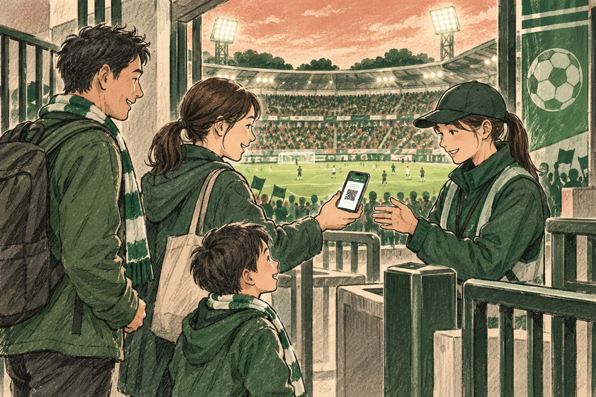 スタジアム入口で携帯電話の券を示す親子と案内係。記事の内容を理解するために作った情景で、実際の取材写真ではない。
