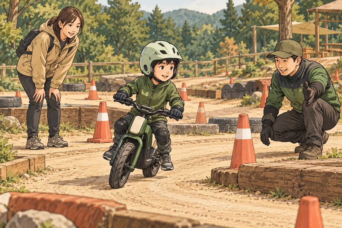 長袖と長ズボンとヘルメットを着けた子どもを保護者と講師が見守る。記事の内容を理解するために作った情景で、実際の取材写真ではない。