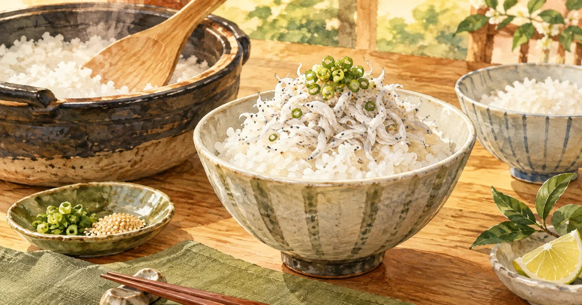 しらすを載せたご飯とおかわりの茶碗。日程や条件の説明に添えた概念的な情景。