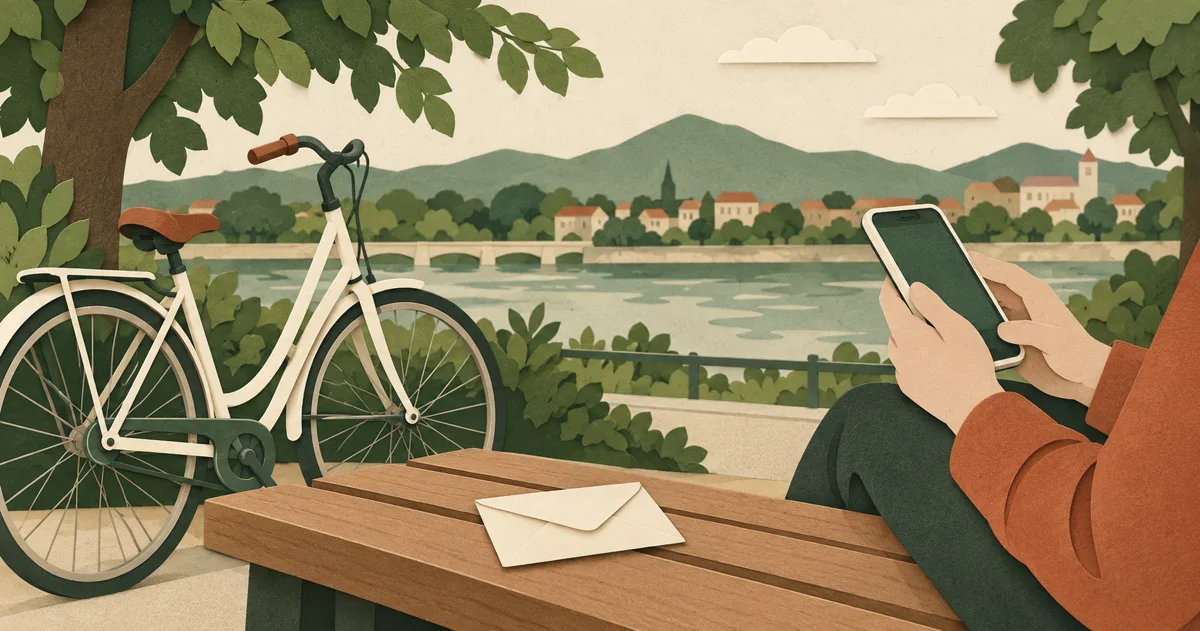 自転車のそばでスマートフォンと封筒を確認する人。日程や条件の説明に添えた概念的な情景。