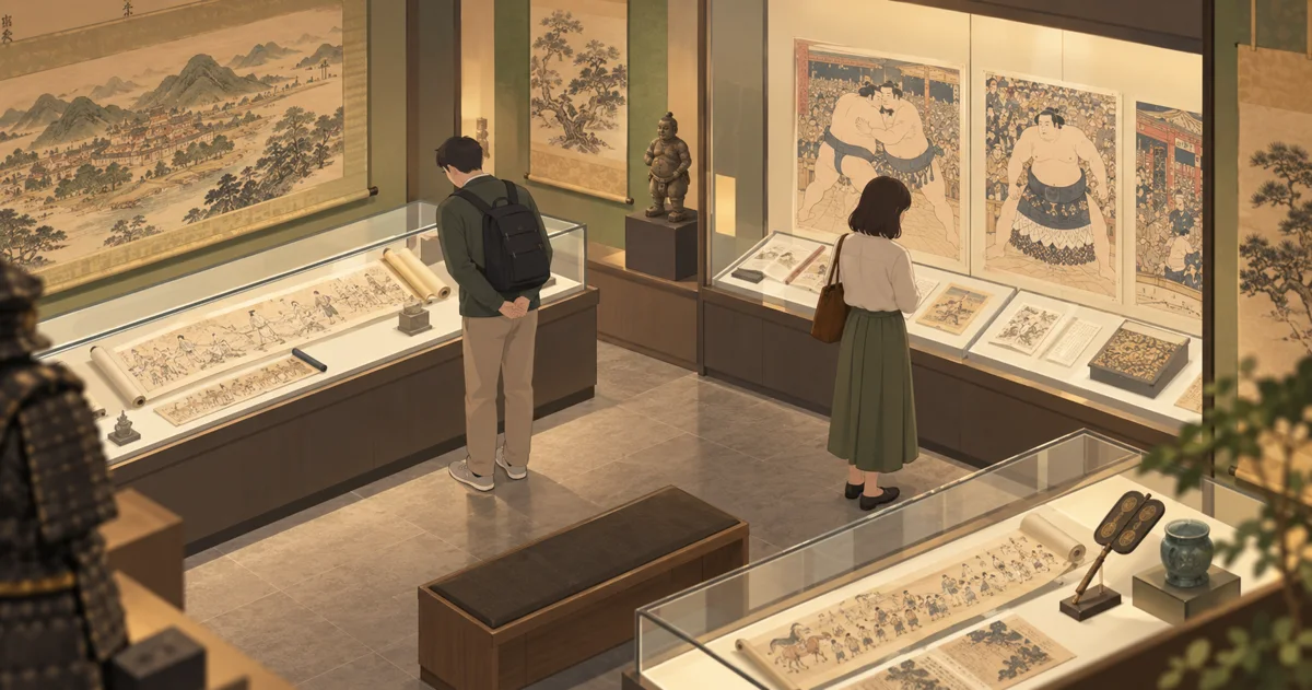 古文書と相撲の絵を展示室で見る来館者。日程や条件の説明に添えた概念的な情景。