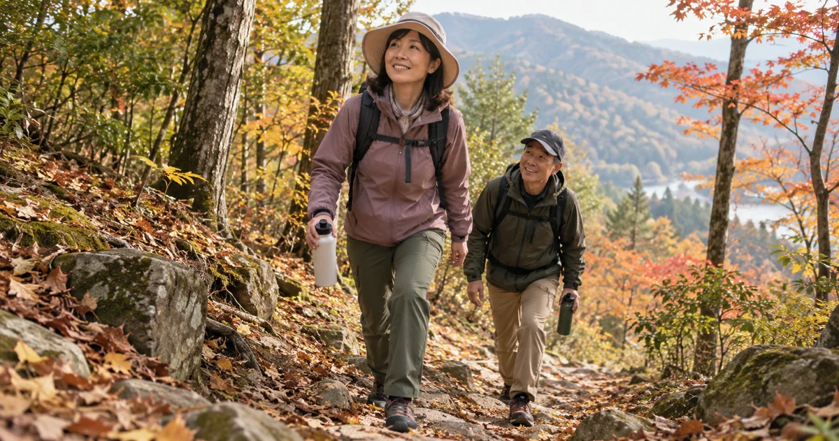 飲料水を持ち秋の山道を登る歩行者。日程や条件の説明に添えた概念的な情景。