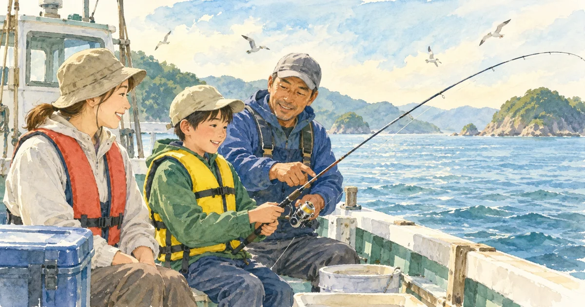救命胴衣を着け竿の扱いを習う親子。日程や条件の説明に添えた概念的な情景。