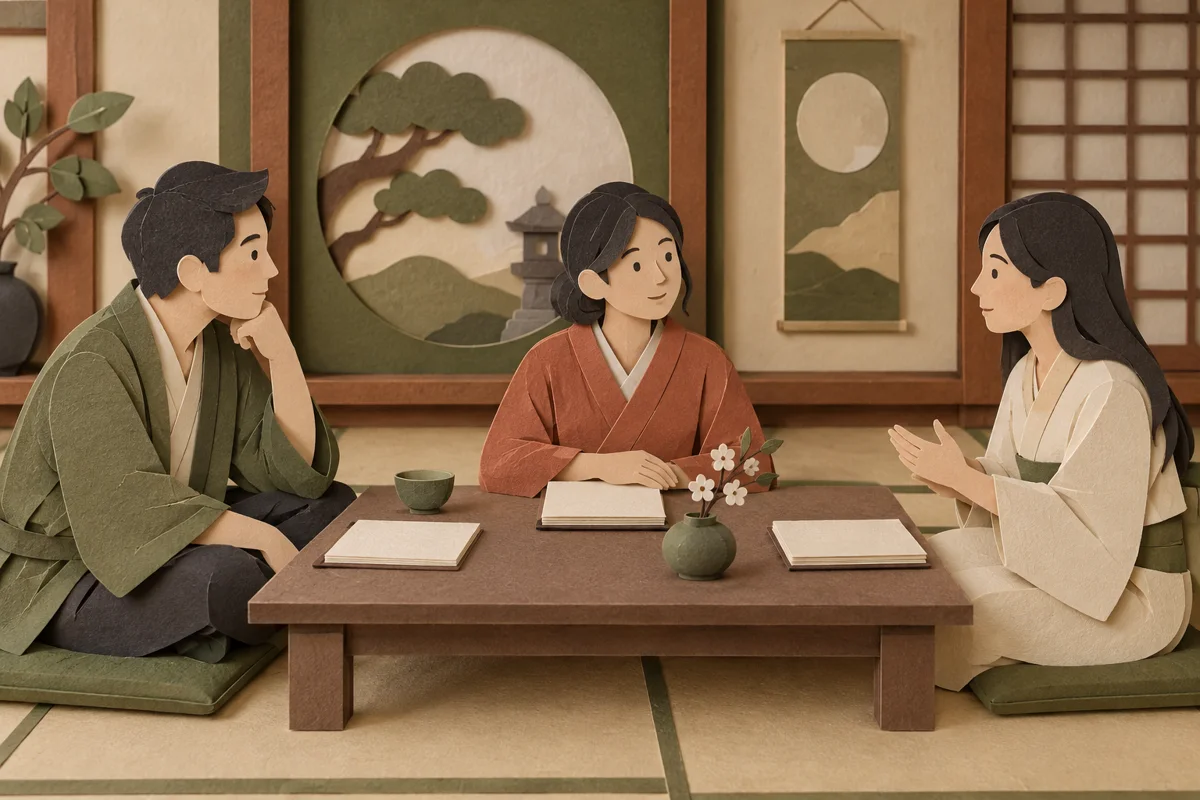 寺院の室内でノートを開き語り合う人々。日程や条件の説明に添えた概念的な情景。