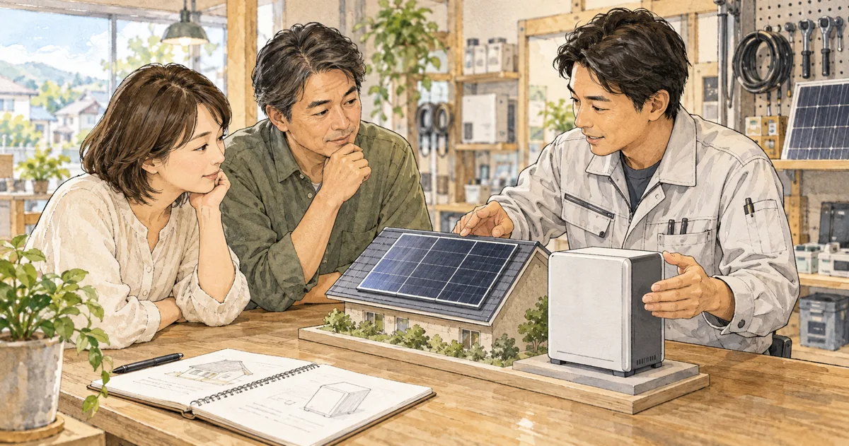 店頭で太陽光パネルと蓄電池の模型を確認する持ち主。日程や条件の説明に添えた概念的な情景。