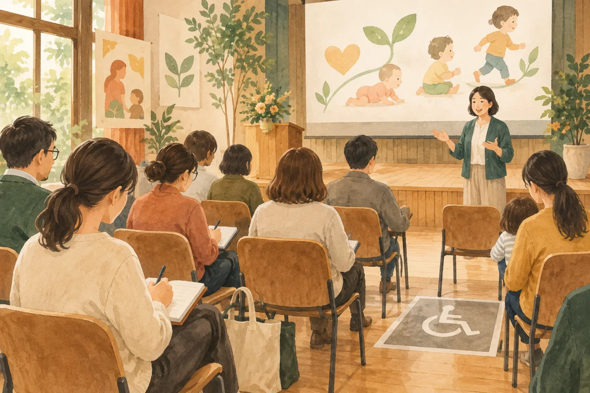 講演を聞きながらノートを取る保護者と講師。人物と道具の動きを描いた記事固有のイメージ。