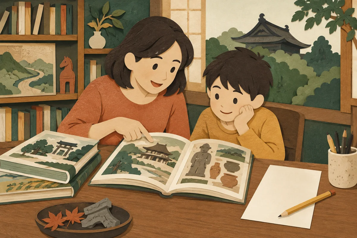 親子が図書館の本と問題用紙を広げて磐田を学ぶ。人物と道具の動きを描いた記事固有のイメージ。