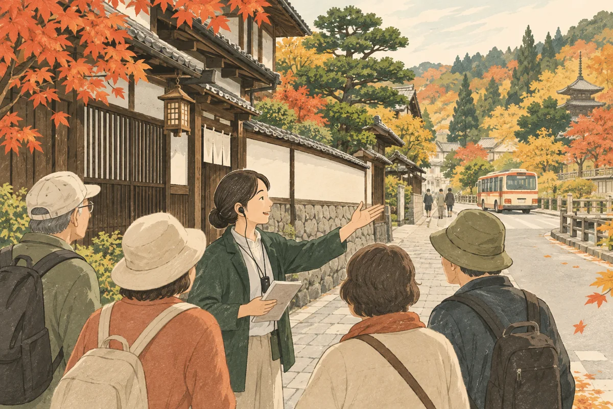ガイドと旧街道を歩く参加者と移動に使う路線バス。人物と道具の動きを描いた記事固有のイメージ。