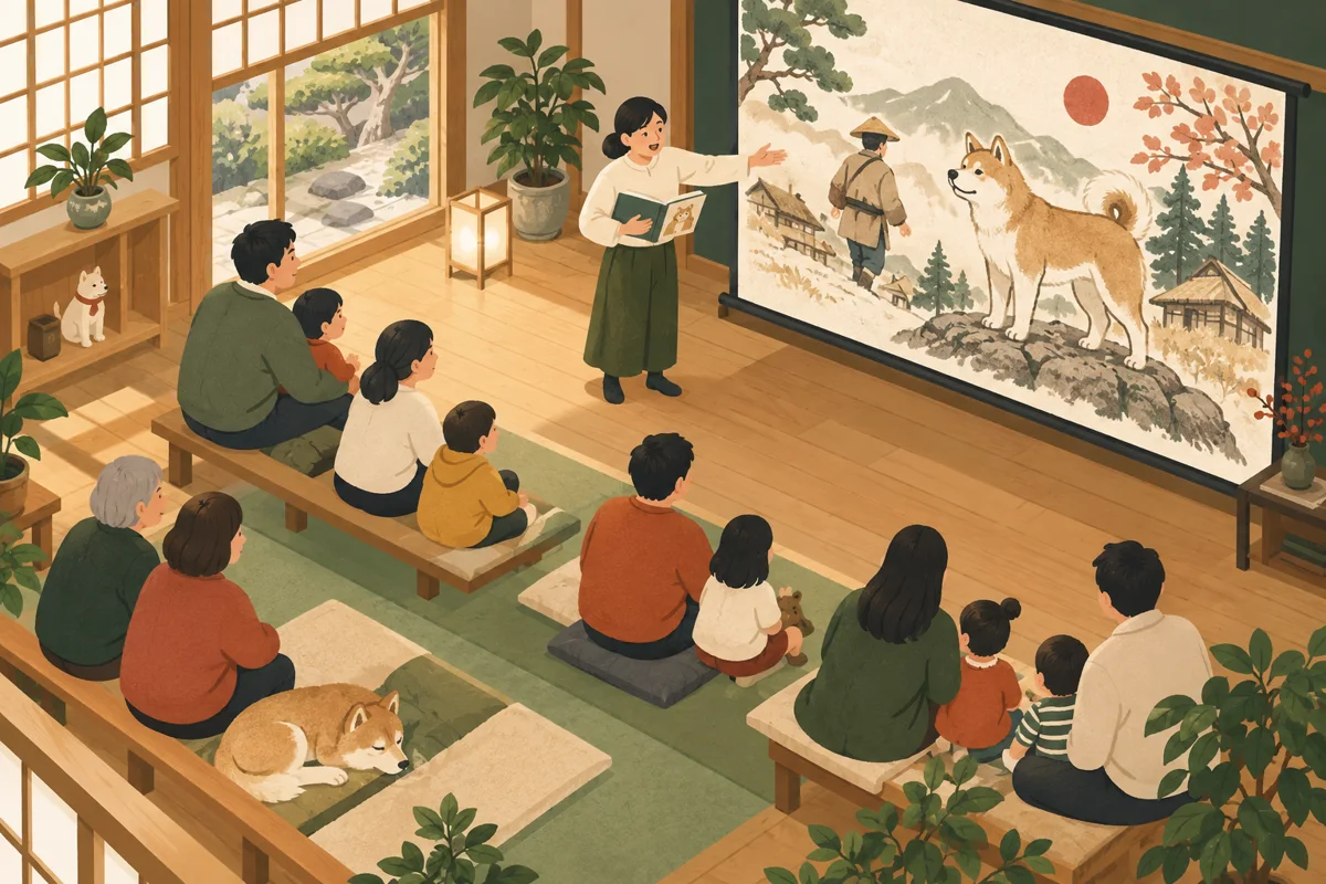 大きなスクリーンの紙芝居を家族が座って見る交流室。人物と道具の動きを描いた記事固有のイメージ。