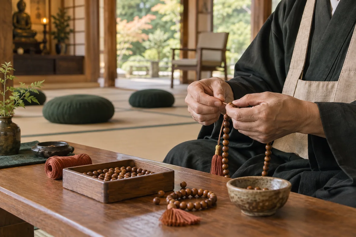 寺院の座布団と椅子を背景に木の念珠を作る手元。人物と道具の動きを描いた記事固有のイメージ。