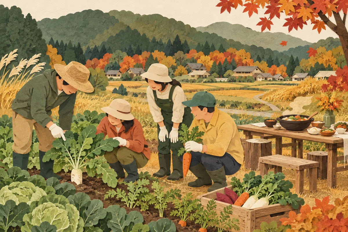 畑の野菜を観察する家族と採れたて野菜の屋外ランチ。人物と道具の動きを描いた記事固有のイメージ。