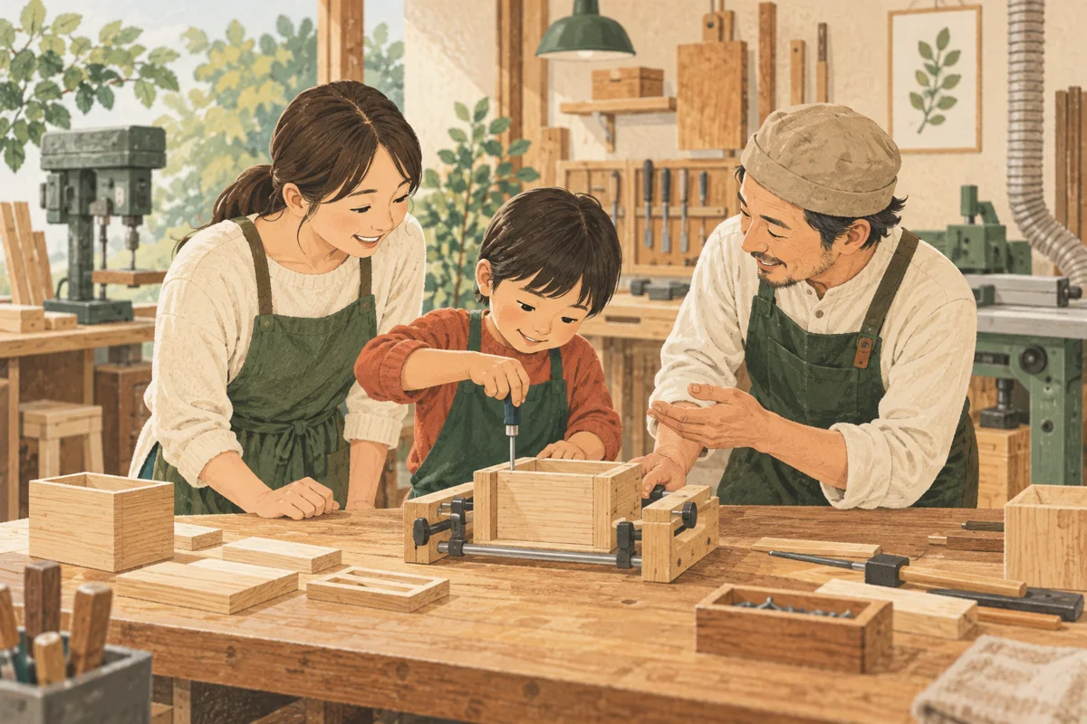 治具を使って木箱を組み立てる子どもを保護者と職人が見守る。人物と道具の動きを描いた記事固有のイメージ。
