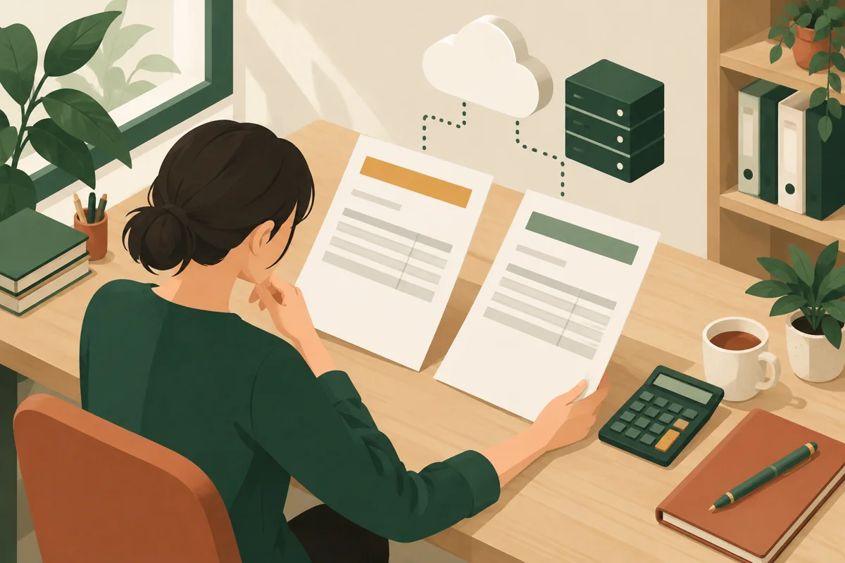 机で2種類の見積書と電卓を並べて比較する事業者。人物と道具の動きを描いた記事固有のイメージ。