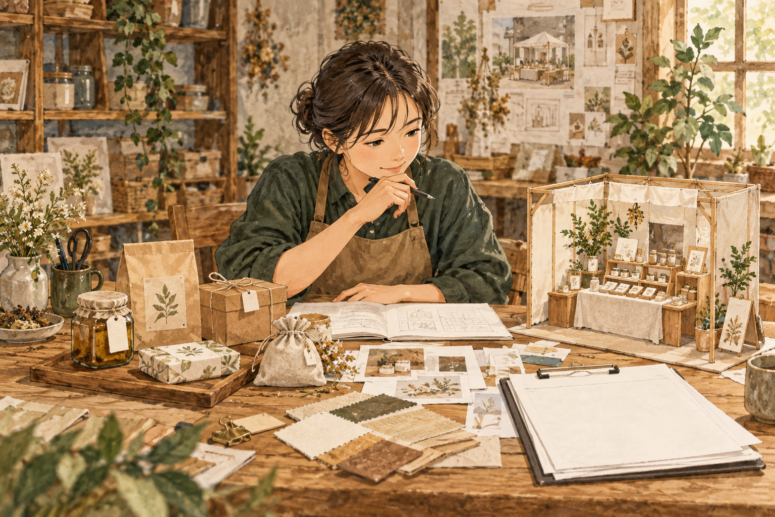 商品見本と申請書を机で並べる店主