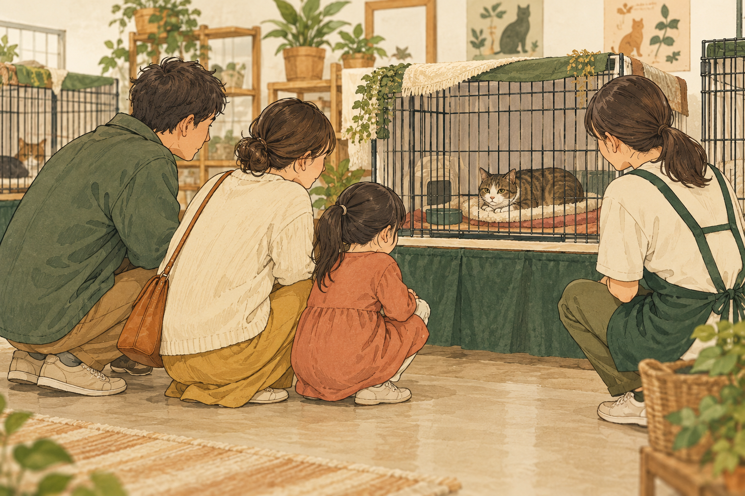 猫のケージから離れて見守る家族