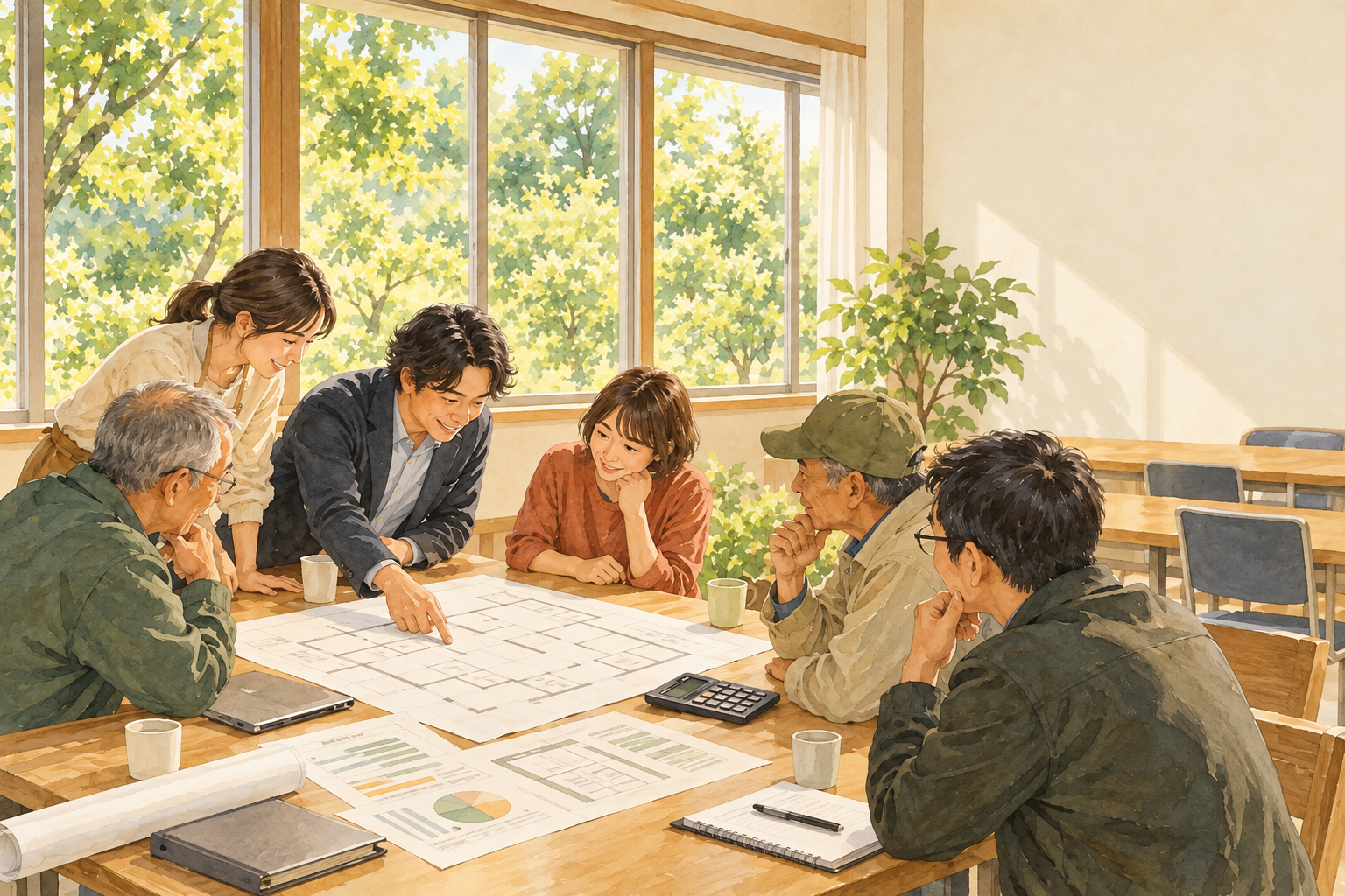 会議室で図面と電卓を囲み、施設の継続費用を話し合う住民