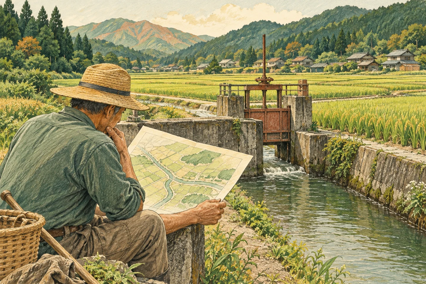 農地のそばで用水路と計画図を確認する持ち主。記事で扱う準備や確認の場面を、具体的な道具と人の動きで表したイラストです。