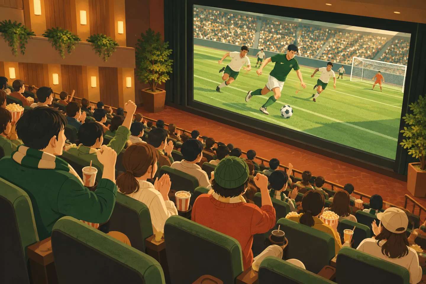 映画館の大画面でサッカーを観戦する人々。記事で扱う準備や確認の場面を、具体的な道具と人の動きで表したイラストです。