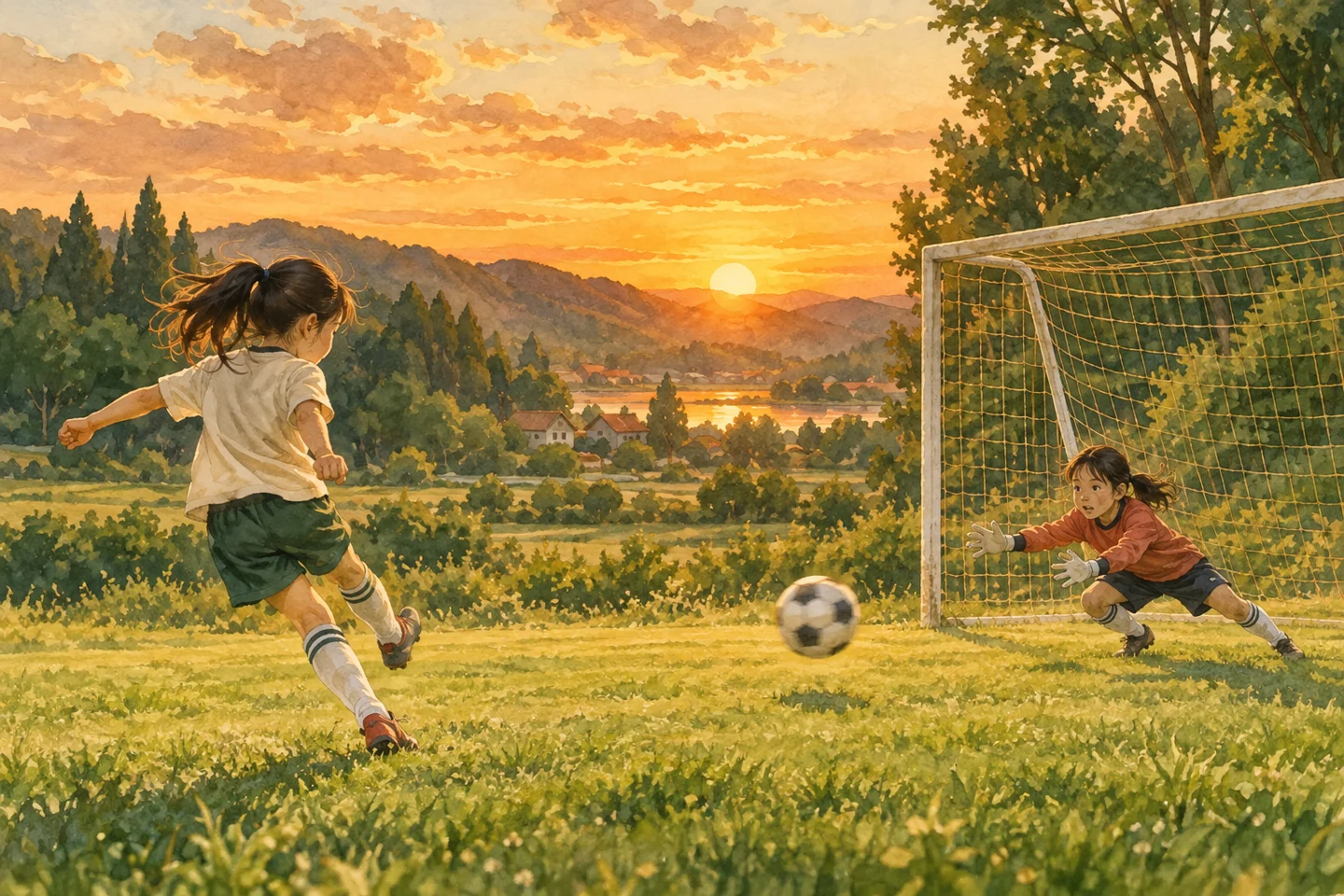 夕方のグラウンドでシュートとキーパーを練習する女子児童。記事で扱う準備や確認の場面を、具体的な道具と人の動きで表したイラストです。