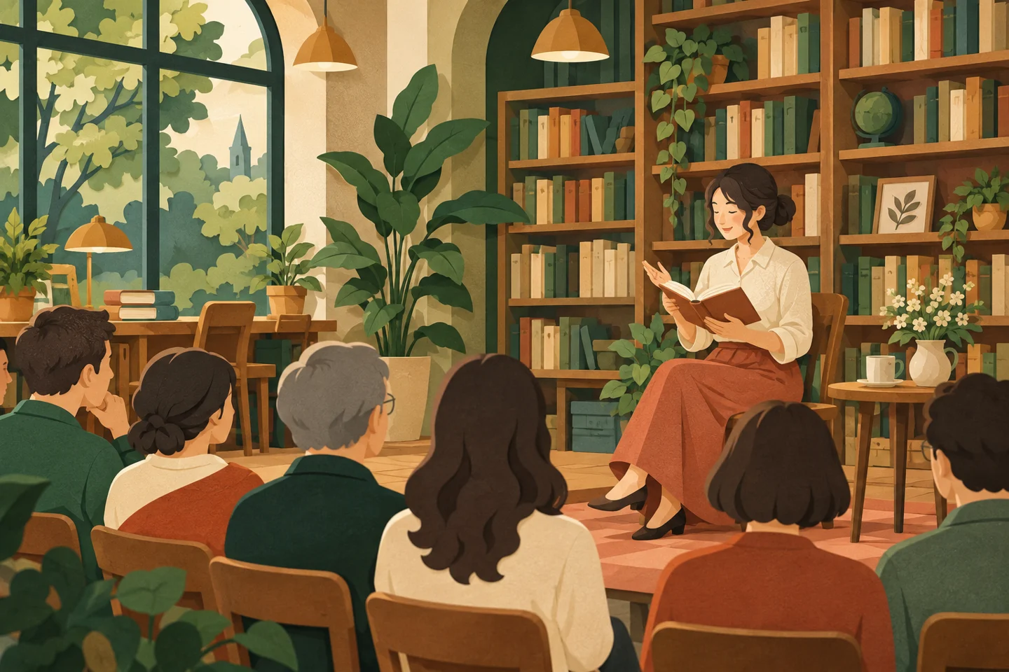 図書館で本を手にした講師の話を聴く人々。記事で扱う準備や確認の場面を、具体的な道具と人の動きで表したイラストです。