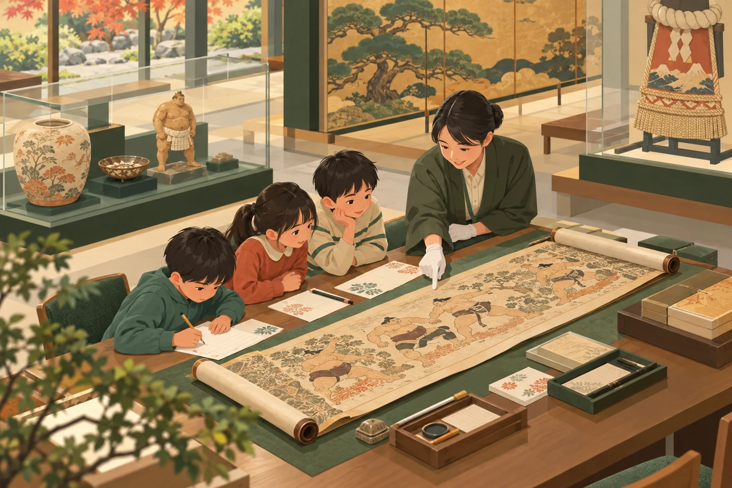 歴史資料を見ながら昔の書状を作る子どもたち。記事で扱う準備や確認の場面を、具体的な道具と人の動きで表したイラストです。