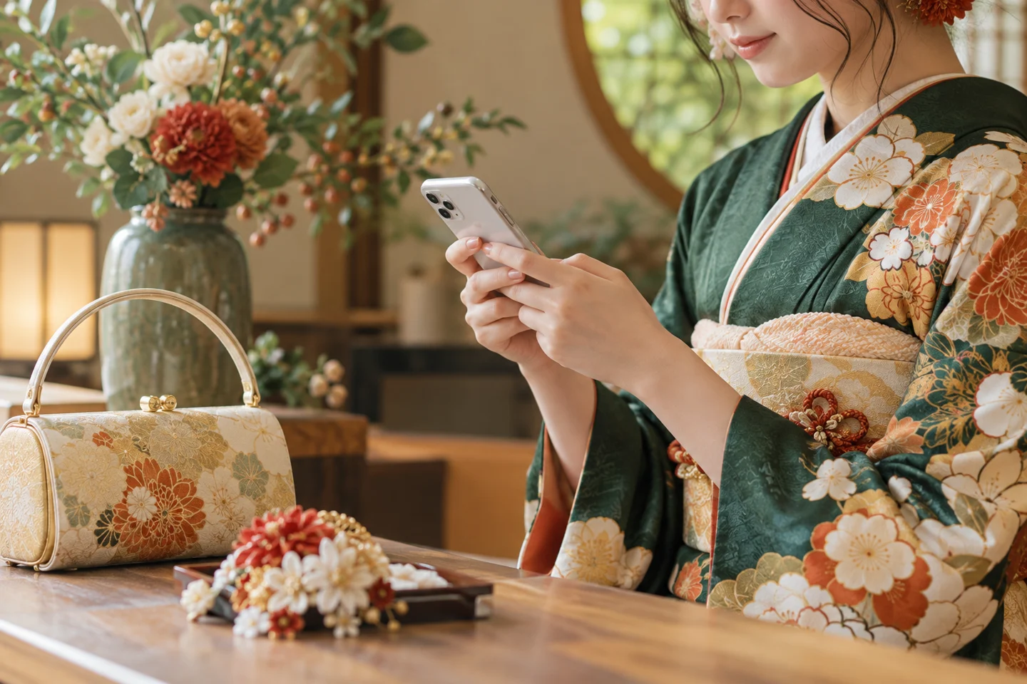 式典の服とスマートフォンを準備する若者の手元。記事で扱う準備や確認の場面を、具体的な道具と人の動きで表したイラストです。