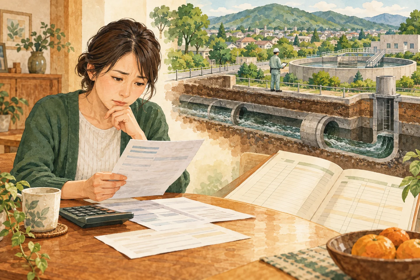 下水道の会計資料と家の請求書を机で見比べる住民。記事で扱う準備や確認の場面を、具体的な道具と人の動きで表したイラストです。