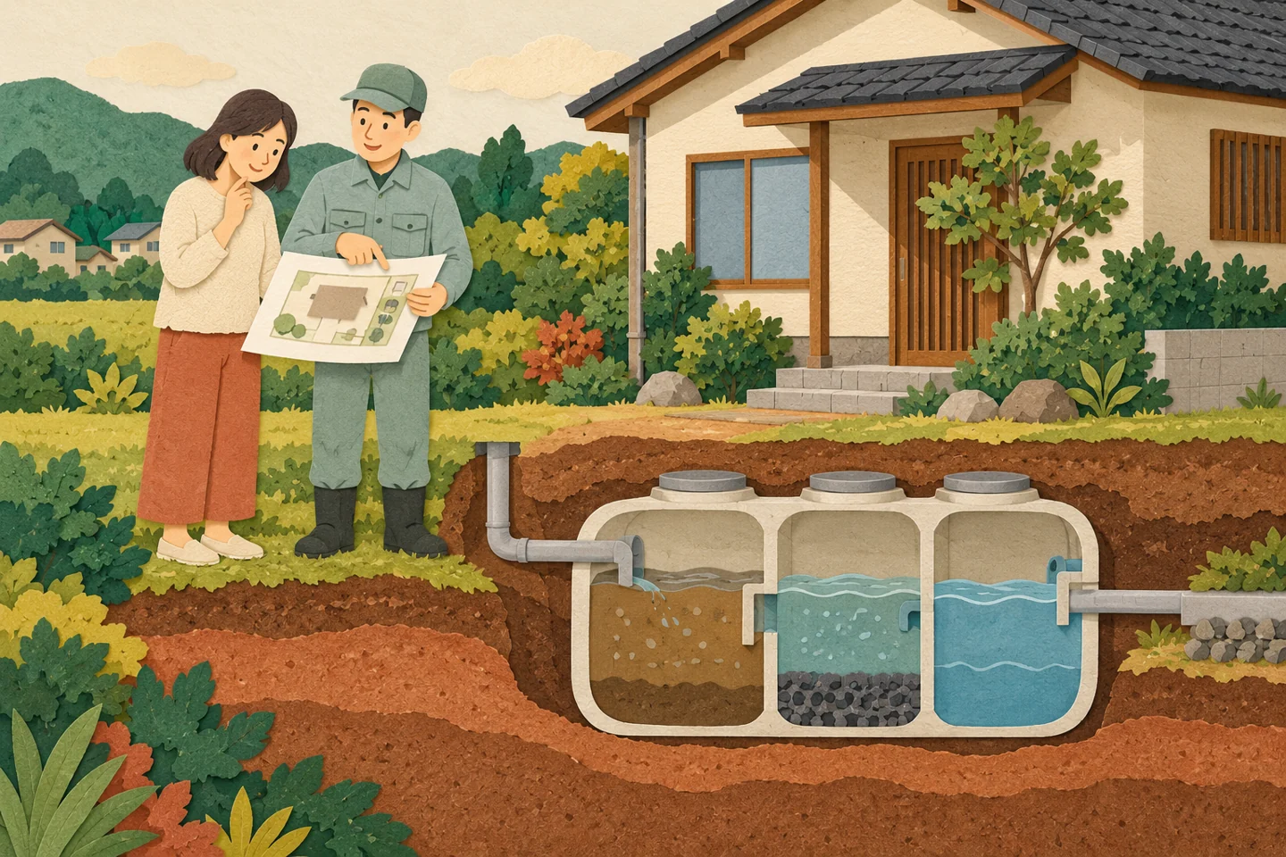 家の脇で浄化槽の配置図を確認する持ち主と施工者。記事で扱う確認の場面を表す概念的なイメージ。