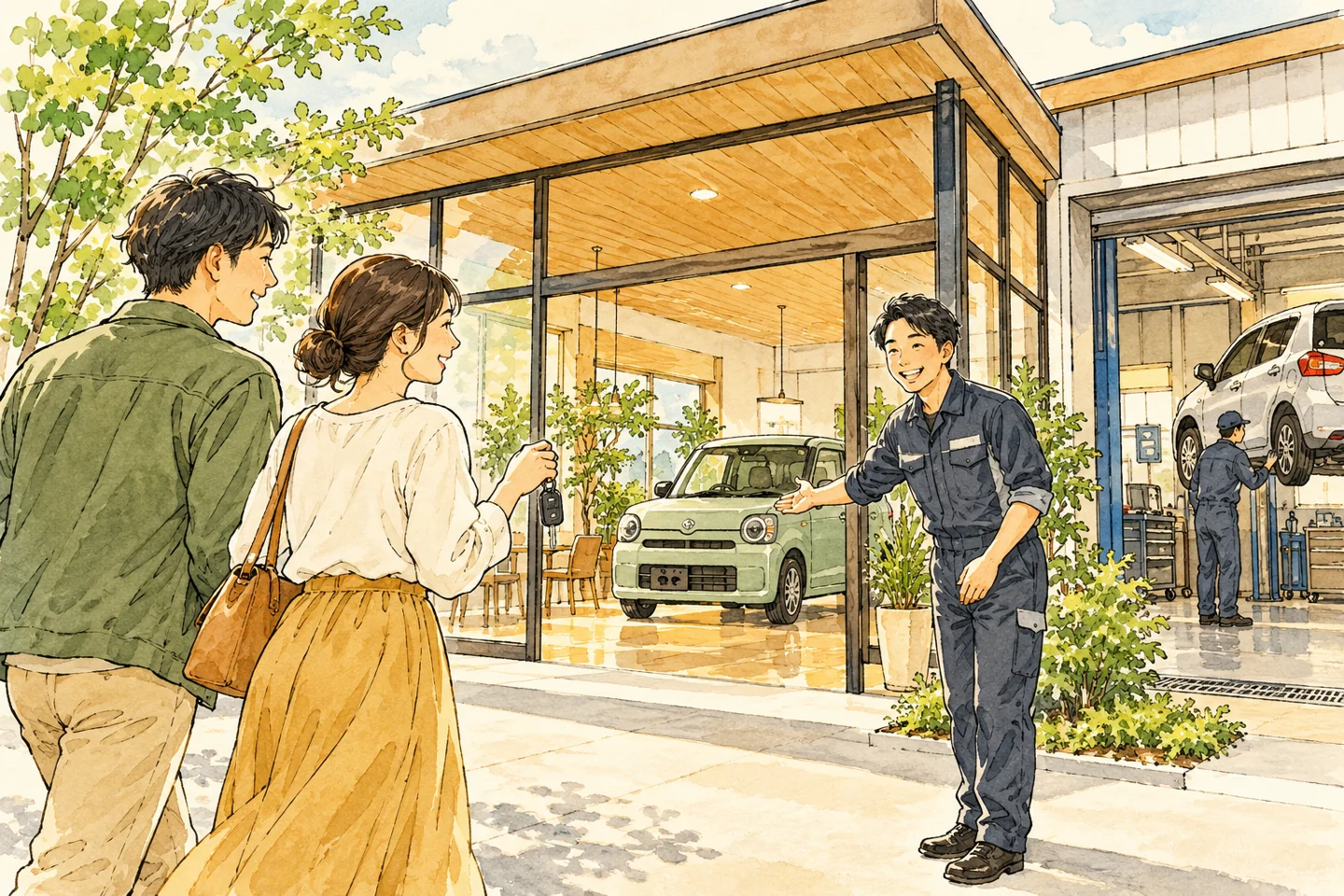 新しい自動車ショールームへ鍵を持って訪れる家族。記事で扱う確認の場面を表す概念的なイメージ。