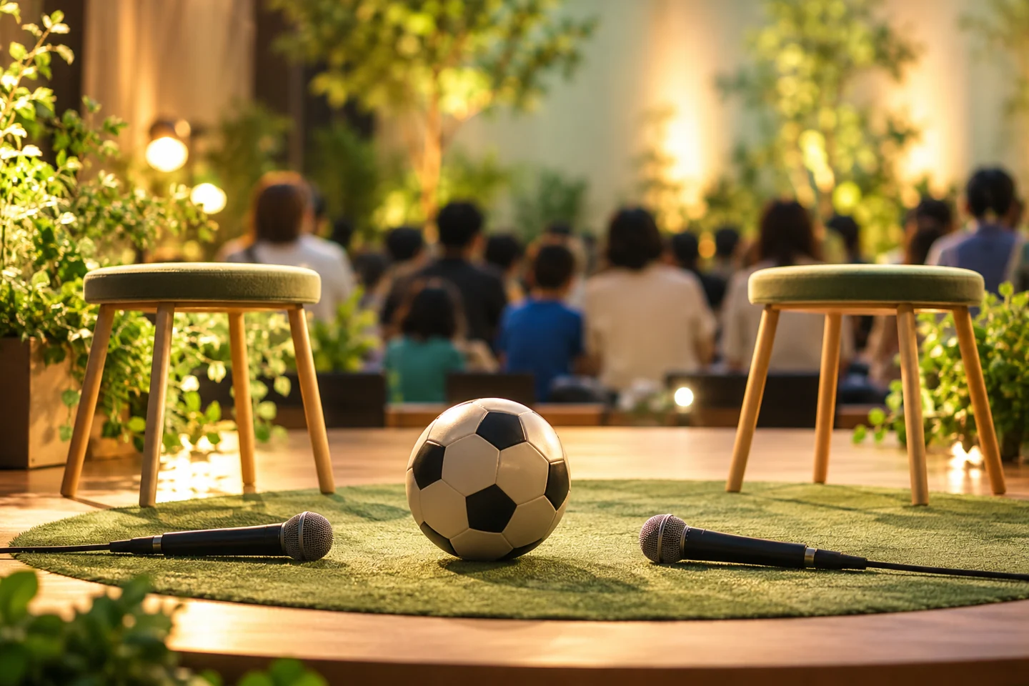 サッカーボールと二本のマイクを置いた小さなトーク舞台。記事で扱う確認の場面を表す概念的なイメージ。