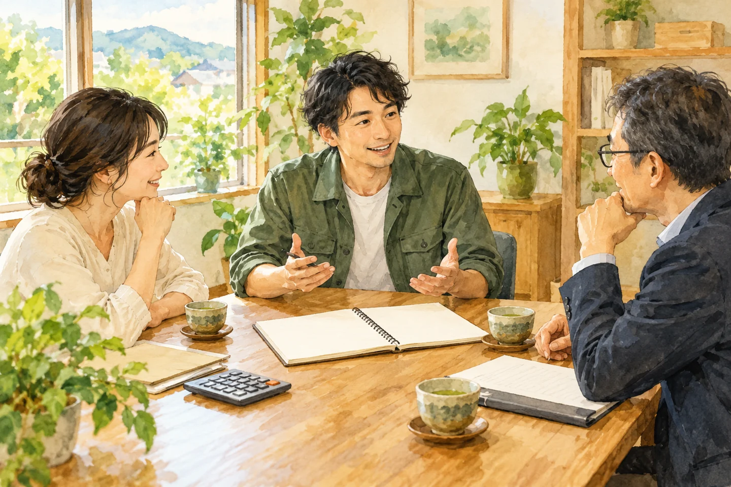 開業前の人がノートと電卓を広げ相談員と話す机。記事で扱う確認の場面を表す概念的なイメージ。