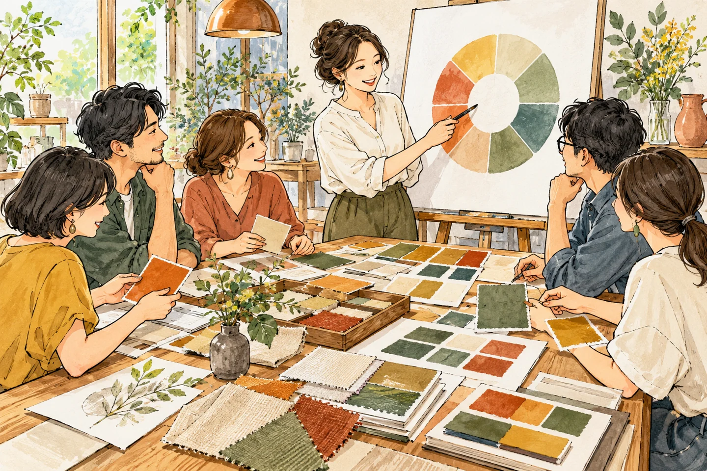参加者が色見本を並べ配色を考える小さな教室。記事で扱う確認の場面を表す概念的なイメージ。