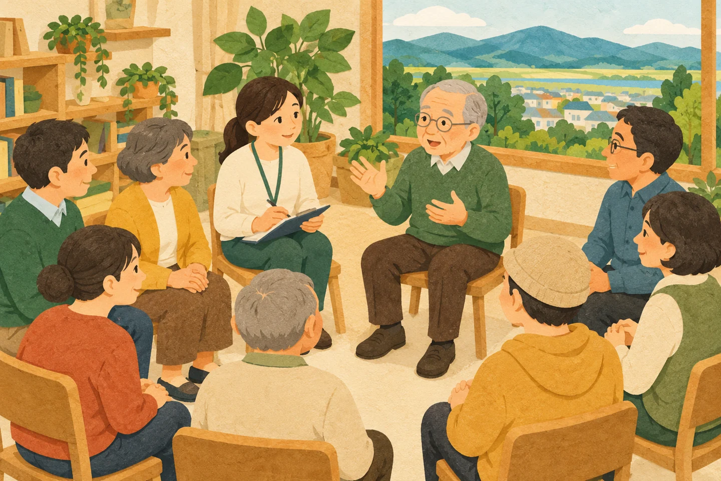 地域の住民が輪になって一人の話を聴く交流室。記事で扱う確認の場面を表す概念的なイメージ。