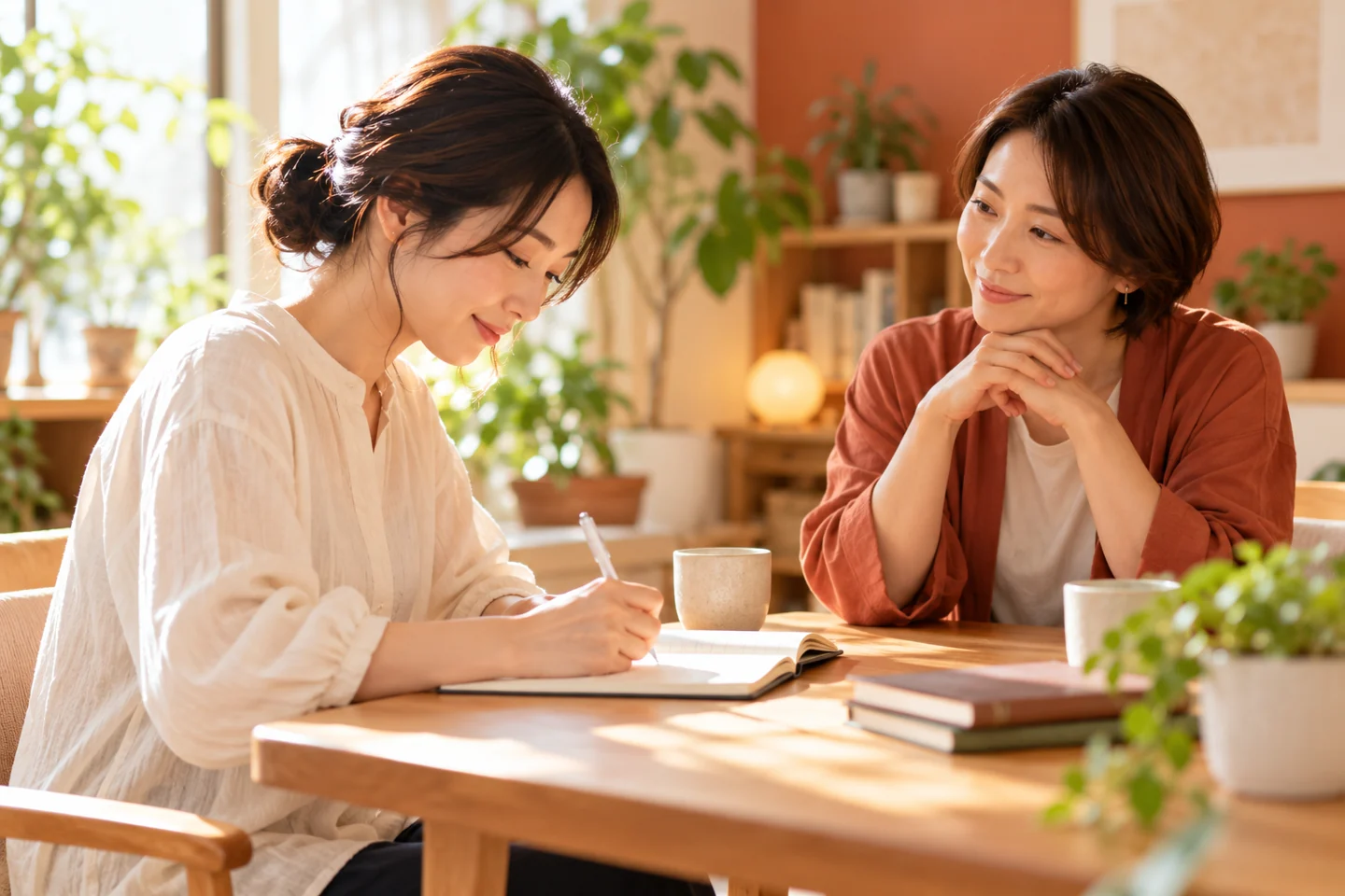 小さな教室でノートに考えを書き出す参加者と耳を傾ける講師。記事で扱う確認の場面を表す概念的なイメージ。