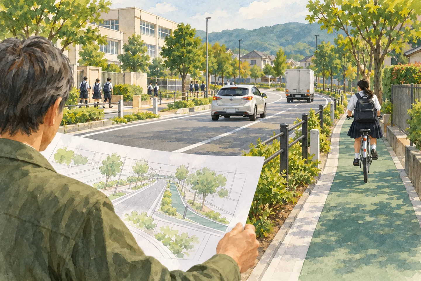 通学自転車と通勤車が行き交う概念的な道路と計画図を持つ住民。記事で扱う確認の場面を表す概念的なイメージ。