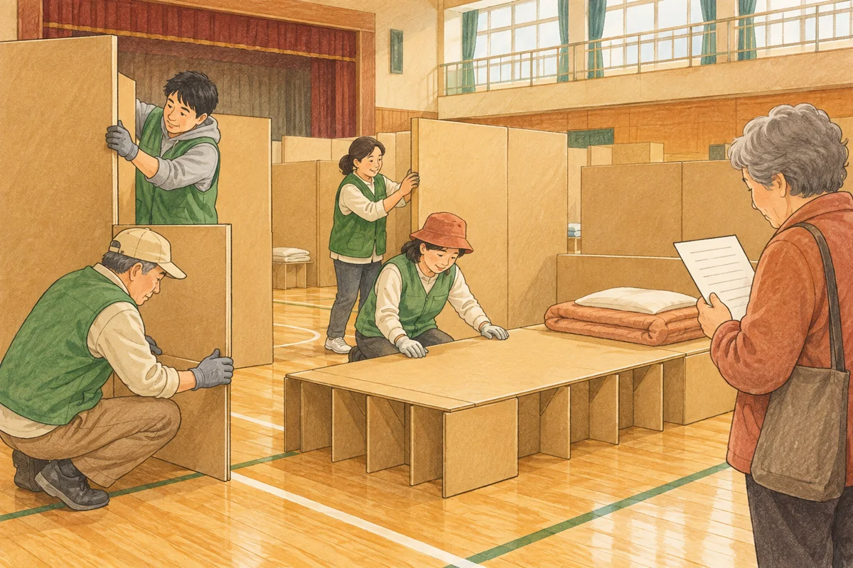 体育館で段ボールの間仕切りを組み立てる住民場面を描いた情景。実際の施設や参加者の記録ではありません。