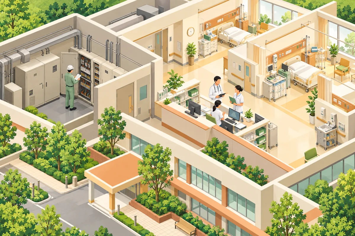 病院の電気設備を点検する技術者と別室で働く職員場面を描いた情景。実際の施設や参加者の記録ではありません。