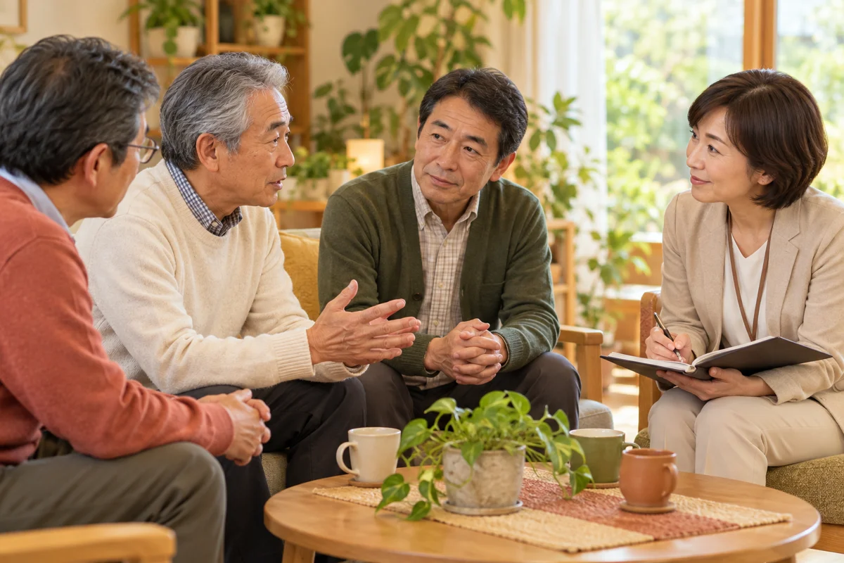 輪になって介護について話す男性と聞き役場面を描いた情景。実際の施設や参加者の記録ではありません。