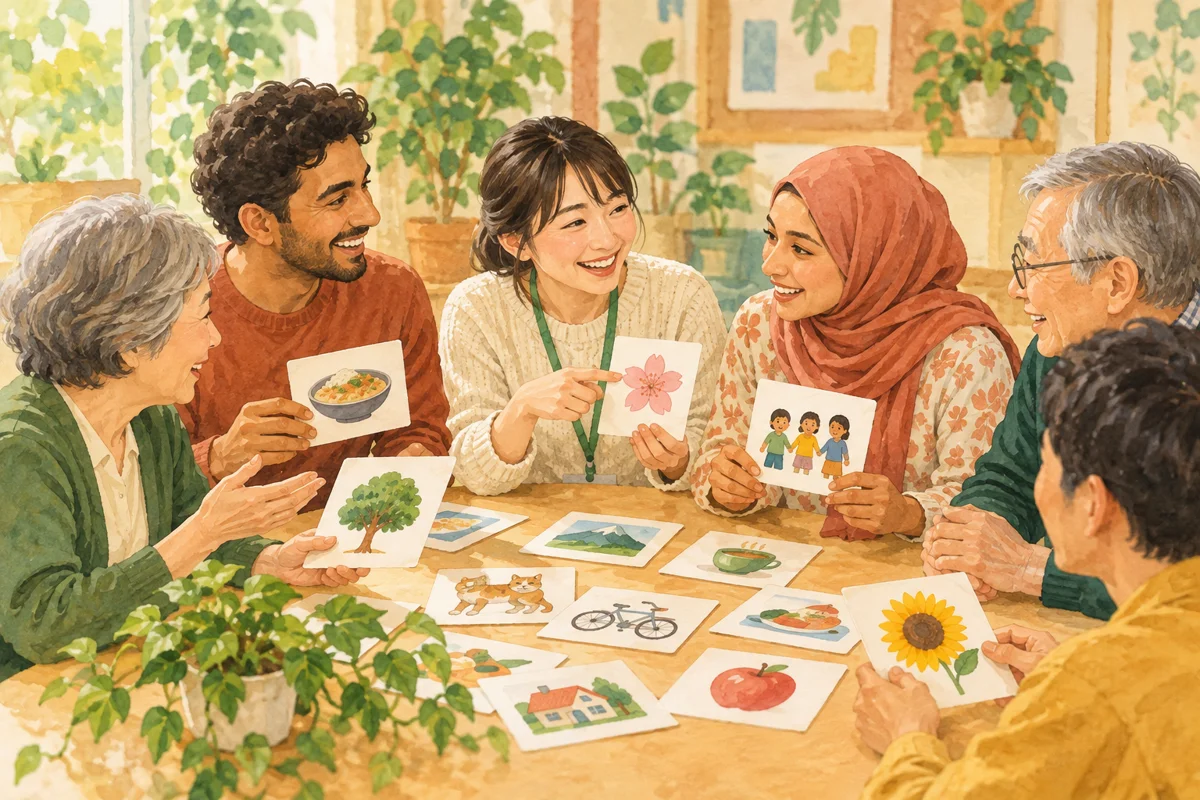 絵カードを囲んで会話する日本語学習者と支援者場面を描いた情景。実際の施設や参加者の記録ではありません。