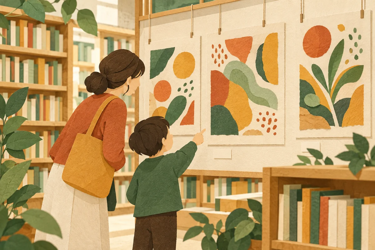 図書館で子どもの作品を見る親子場面を描いた情景。実際の施設や参加者の記録ではありません。