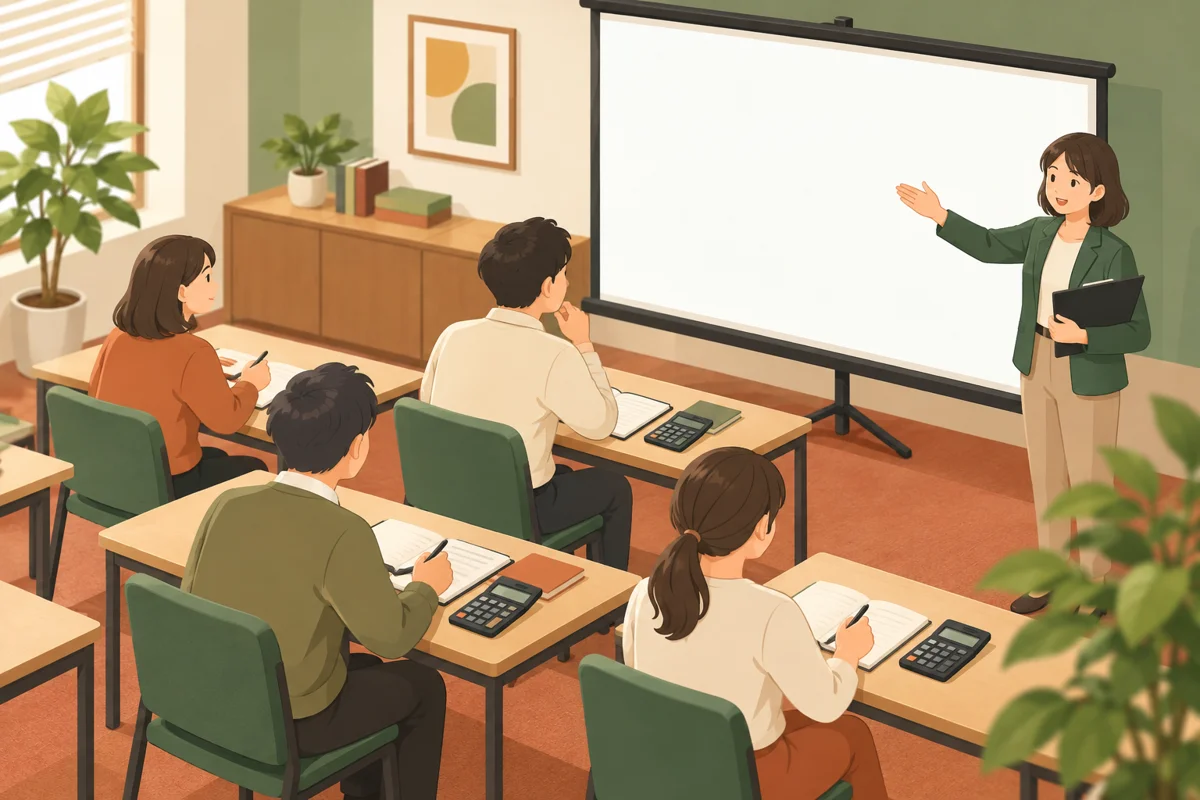 ノートと電卓を用意して説明を聞く給与事務担当者場面を描いた情景。実際の施設や参加者の記録ではありません。