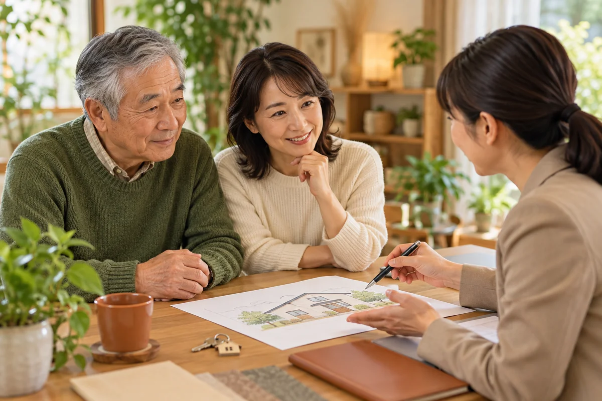 家の図と鍵を机に置いて相談する家族場面を描いた情景。実際の施設や参加者の記録ではありません。