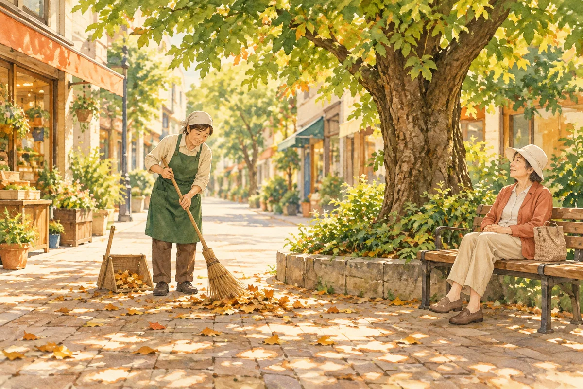 街路樹の落ち葉を掃く店主と木陰で休む人場面を描いた情景。実際の施設や参加者の記録ではありません。