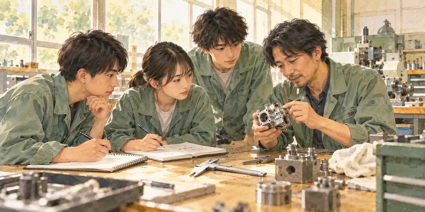 エンジン部品とノートを囲み指導者と技術を学ぶ学生たち場面。現地の取材写真ではなく、本文内容を説明するためのイメージです。