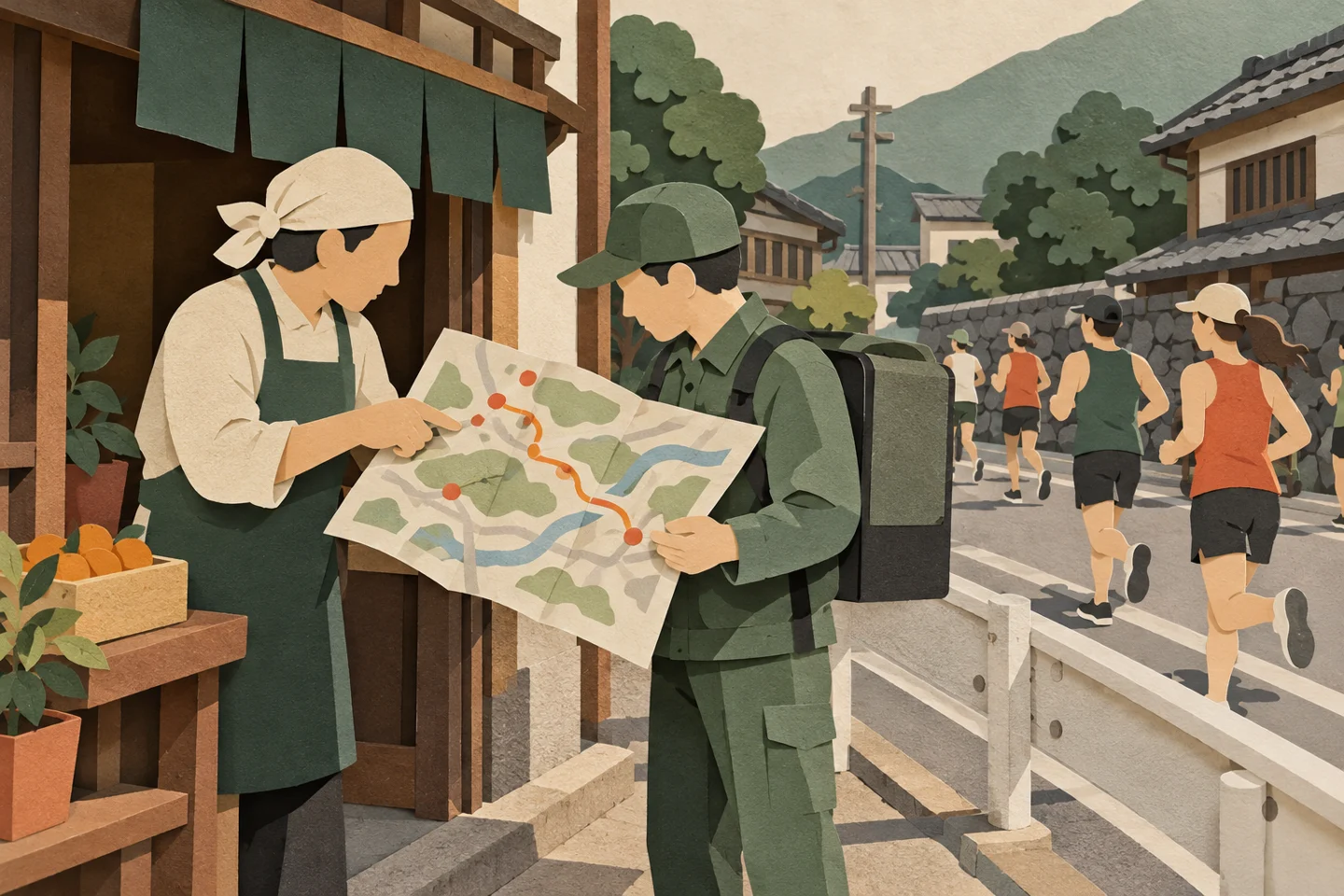 道路の規制を前に地図を広げて配送経路を相談する店主と運転手場面。現地の取材写真ではなく、本文内容を説明するためのイメージです。