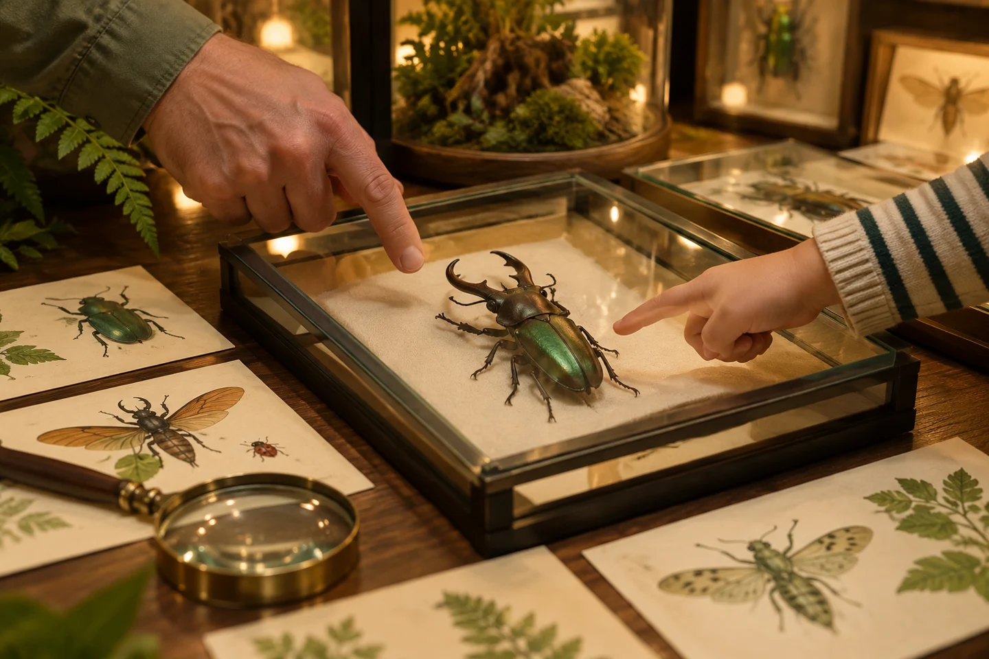 昆虫の展示と絵カードを見ながら名前を確かめる親子の手元場面。現地の取材写真ではなく、本文内容を説明するためのイメージです。
