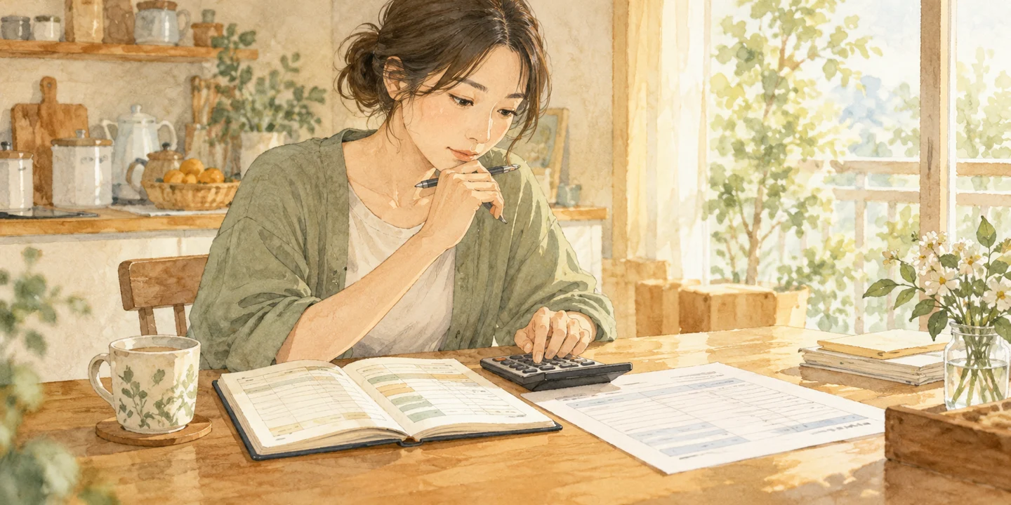 家計簿と公的な資料を別々に置き、電卓で数字を確認する場面。実際の決算書や個人の情報を描いたものではありません。